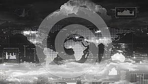 A black and white futuristic economic dashboard with abstract graphs and world maps glitching, reshaping into regional photo