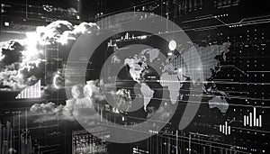 A black and white futuristic economic dashboard with abstract graphs and world maps glitching, reshaping into regional photo