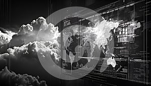 A black and white futuristic economic dashboard with abstract graphs and world maps glitching, reshaping into regional photo