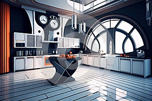 Black and white futuristic kitchen. Real estate. Real estate agent. Interior decorator. Home staging.