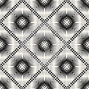 Black and white geometric background. Vector abstract seamless pattern with ornamental tiles, floral silhouettes