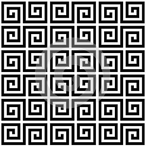 Black and white geometric greek meander spiral traditional seamless pattern, vector