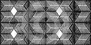 Black and white geometric optical illusion featuring a repeating pattern of interlocking cubes and diagonal hatching