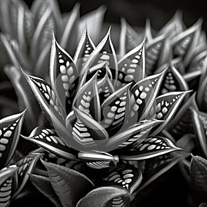 Black And White Geometric Plant: Intense Color Saturation And Ornamental Details