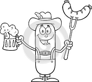 Black And White German Oktoberfest Sausage Cartoon Character Holding A Beer And Weenie On A Fork