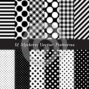 Black and White Gingham, Polka Dot and Candy Stripes Seamless Vector Patterns