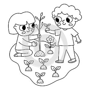 Black and white girl and boy planting tree. Cute line eco friendly kids. Child seeding plant. Earth day or healthy lifestyle