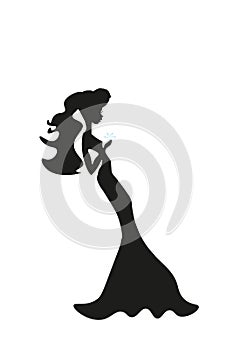 Black white girl, stencil, white background, silhouette, star in hands, long dress, evening wear.