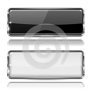 Black and white glass buttons with metal frame. Rectangle 3d icons