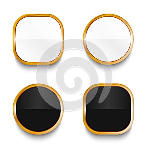 Black and white glossy buttons with gold elements isolated on white background.
