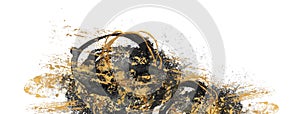 Black, white and Gold Abstract color smear acrylic and watercolor blot painting. Canvas texture background. Isolated on white