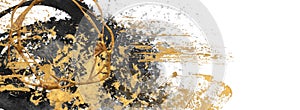 Black, white and Gold Abstract color smear acrylic and watercolor blot painting. Canvas texture horizontal background. Isolated on