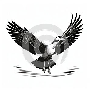 Black And White Goose In Flight: Dayak Art Style Illustration