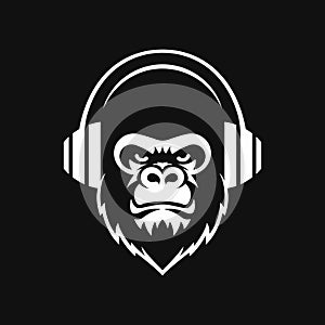 Black and White Gorilla Head with Headphones photo