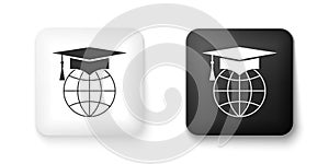 Black and white Graduation cap on globe icon isolated on white background. World education symbol. Online learning or e