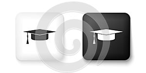 Black and white Graduation cap icon isolated on white background. Graduation hat with tassel icon. Square button. Vector