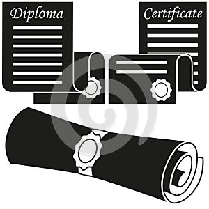Black and white graduation scroll silhouette set