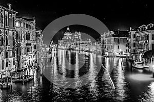 Black White Grand Canal Salut Church Night Venice Italy