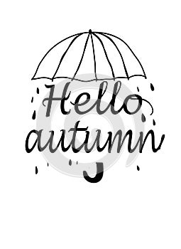 Black and white graphic background with an umbrella pattern and the text hello autumn