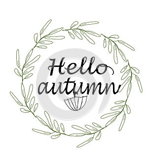 Black and white graphic background with an umbrella pattern and the text hello autumn