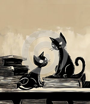 Black and white graphic illustration of cartoon cats on stacks of books