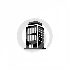 Black and white graphic of a multi-story building features a rectangular structure with
