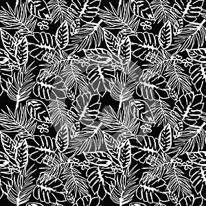 Black and white graphic tropical leaves seamless pattern. Simple Jungle background