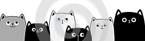 Black white gray cat face head set. Line banner. Cats kittens family. Cute cartoon funny character. Contour doodle. Pet baby