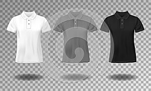 Black, white and gray realistic slim male polo t-shirt design template. Set of short sleeve t-shirts for sport, men