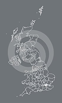 Black and white great Britain map with different states with borders on dark background