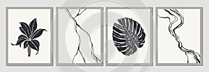 Black and white, grey abstract marble stone design, minimal wall art style. Monstera, exotic leaves. Luxury crack ground