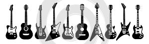 Black and white guitars. Acoustic and electric guitar outline musical instruments Vector isolated set