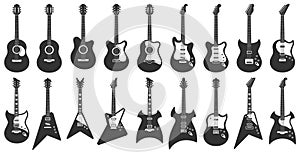 Black and white guitars. Acoustic strings music instruments, electric rock guitar silhouette and stencil guitars icons