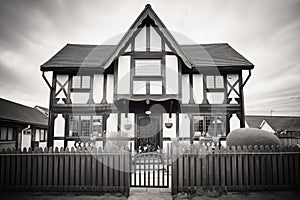 black and white halftimbered tudor cottage