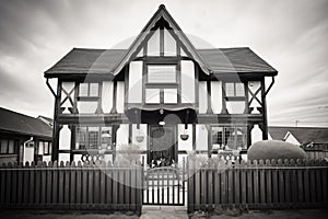 black and white halftimbered tudor cottage photo