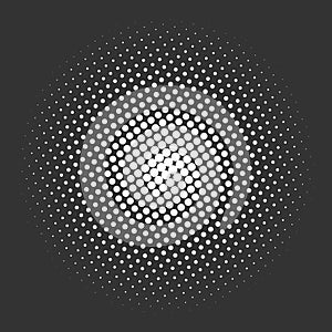 Black and white halftone radial pattern. Abstract dotty vector background