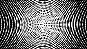 Black and white halftone spiral vortex. Monochrome background with circles motion illusion