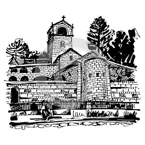 black and white hand drawing of Cetinje monastery - ancient capi
