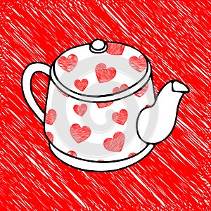 Black and white hand drawing illustration of a metal or clay kettle with heart pattern and hot water for tea isolated on a red