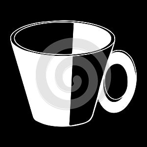 Black and white hand drawing outline vector illustration of a cup for hot tea or coffee isolated on a black background