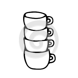 Black and white hand drawing outline vector illustration of a stack of cups for hot tea or coffee isolated on a white