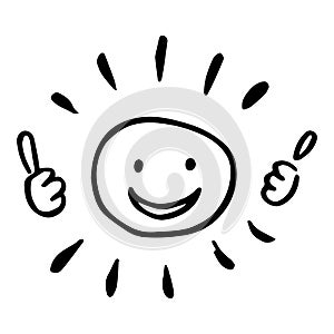 Black and white hand drawing of a sun with two thumbs up.