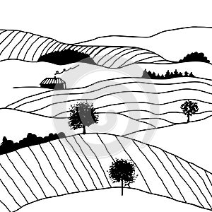 Black and white hand drawn countryside scenery