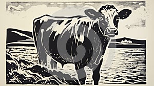 Black And White Hand Drawn Cow: Woodcut And Linocut Style photo