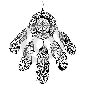 Black and white hand-drawn dream catcher with feathers and beads. Native American traditional tribal symbol. Isolated zentangle in