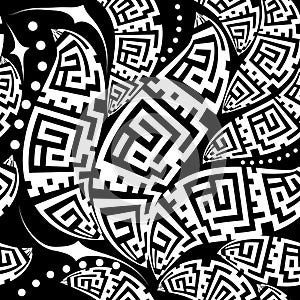 Black and white Hand drawn ethnic style floral greek key meanders seamless patttern. Drawing ornamental vector background. Repeat