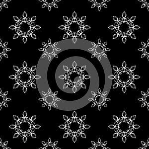 Black and white hand drawn geometric and flower pattern, seamless repeat pattern for textile, web background packaging gift
