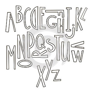 Black and white hand drawn graphic font. Vector cartoon alphabet.