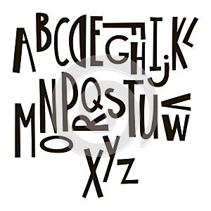 Black and white hand drawn graphic font. Vector cartoon alphabet.