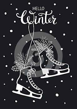 Black and white hand drawn hello winter greeting card with hanging skates